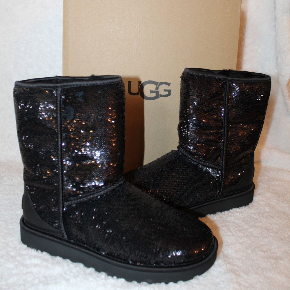 UGG COSMOS METALLIC SPARKLE SEQUIN BOOTS BLACK NEW - Picture 1 of 8